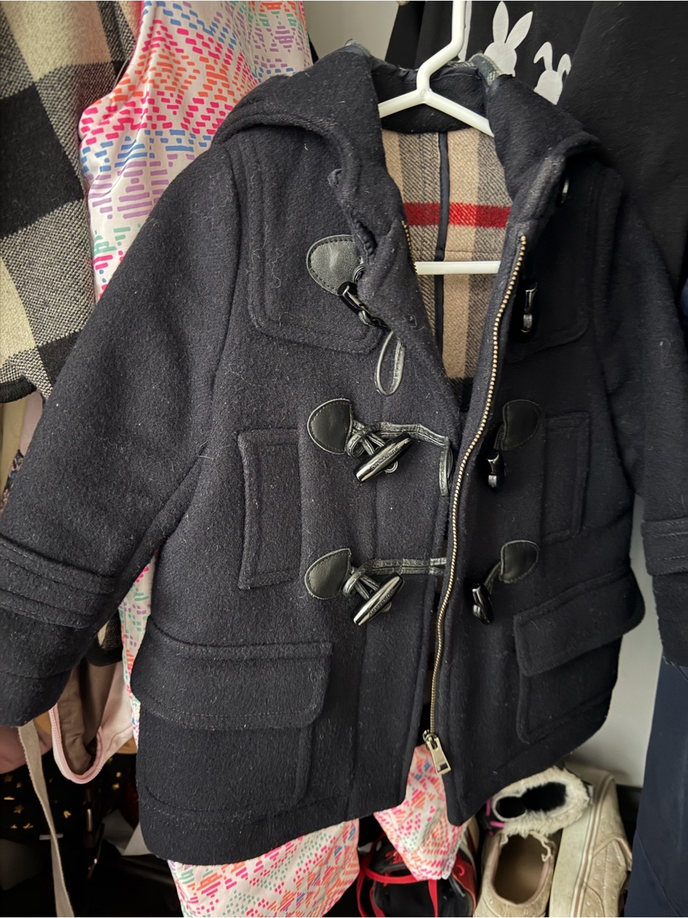 Burberry Black Wool Toggle Peacoat with Checked Lining